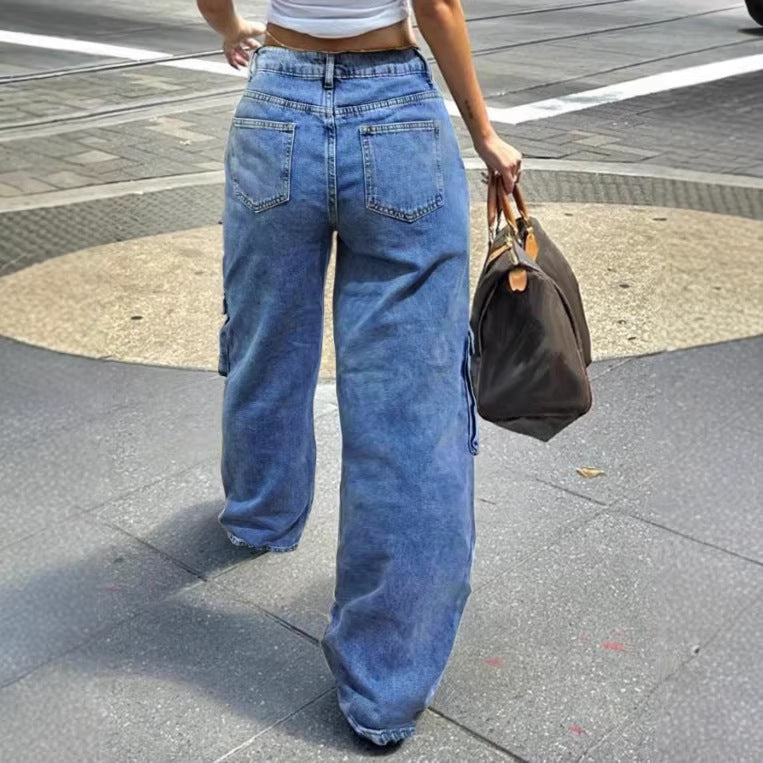 Damen Cargo-Jeanshose im weiten Baggy‑Cut mit hoher Taille und Utility‑Taschen Drune