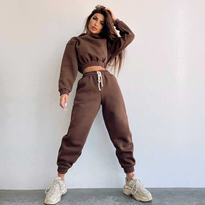 Damen cropped Stehkragen-Sweatset mit elastischem Taillenbund und hochtaillierter Tapered-Jogginghose Drune