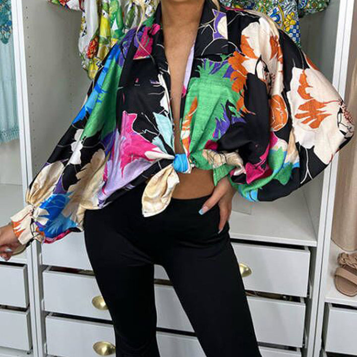 Damen Trendige Blusenjacke mit floralem Design und Übergröße Drune