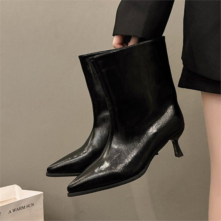 Damen kniehohe Stiefel mit spitzer Zehenkappe und skulpturiertem Kittenabsatz Drune