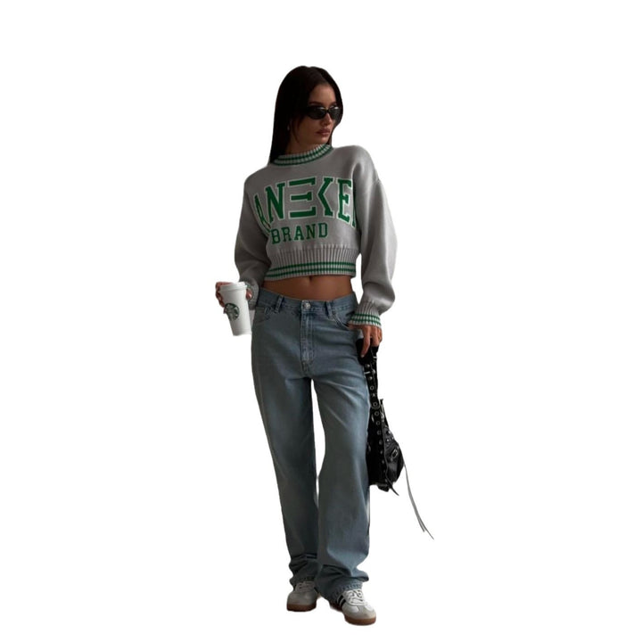 Damen trendiger, lässiger Crop-Pullover mit grafischem Schriftzug und sportlichen Akzenten Drune