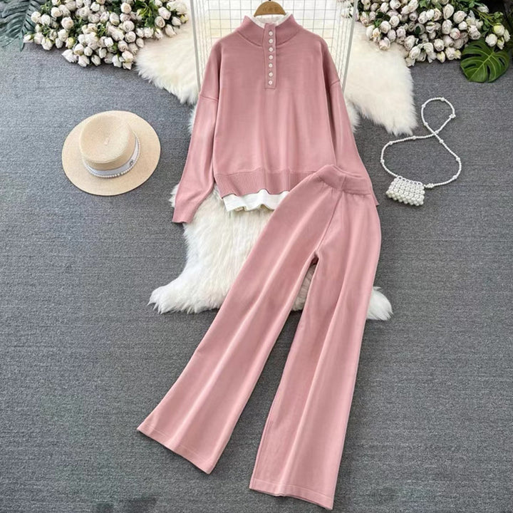 Damen Loungewear-Set mit hoher Rippstruktur und Knopfdetaillierung Drune