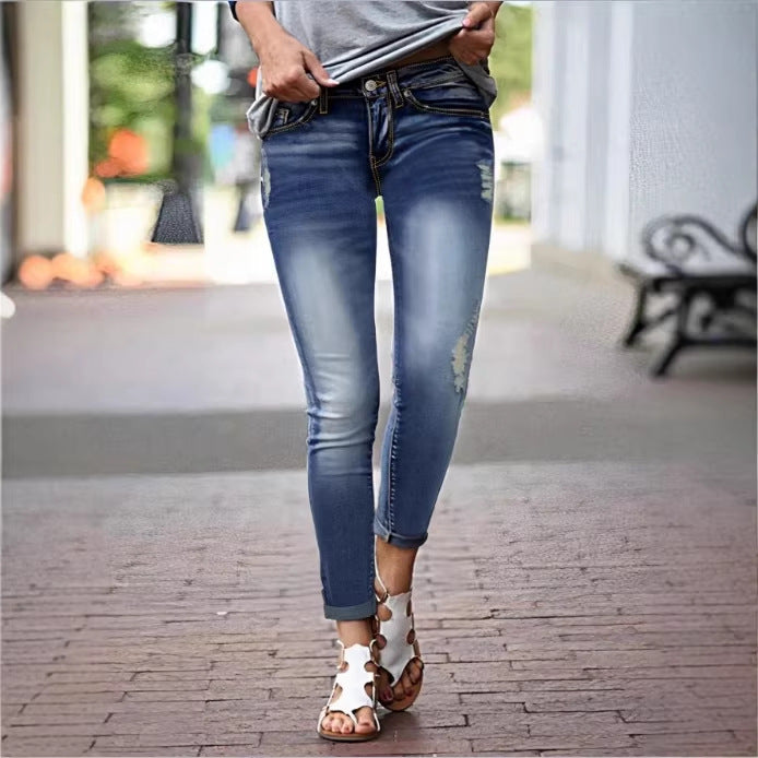 Damen Cropped Slim-Fit Denimhose mit mittelhohem Bund, Cuffed‑Saum und dezenter Used‑Optik Drune