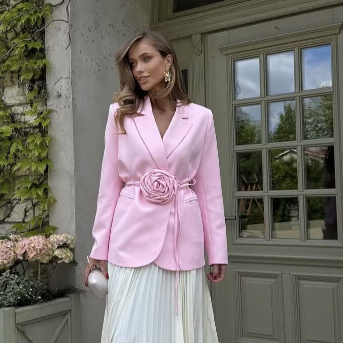 Damen nan taillierter Blazer mit dekorativer Rosenapplikation und Bindegürtel Drune