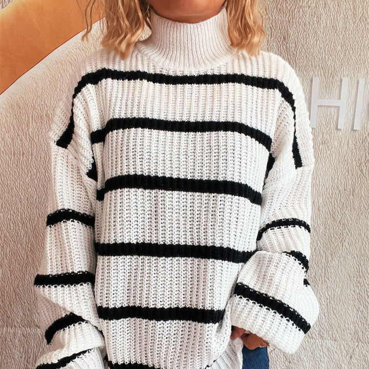 Damen modischer Grobstrickpullover mit Rollkragen und Streifenmuster Drune