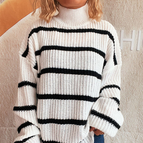 Damen modischer Grobstrickpullover mit Rollkragen und Streifenmuster Drune