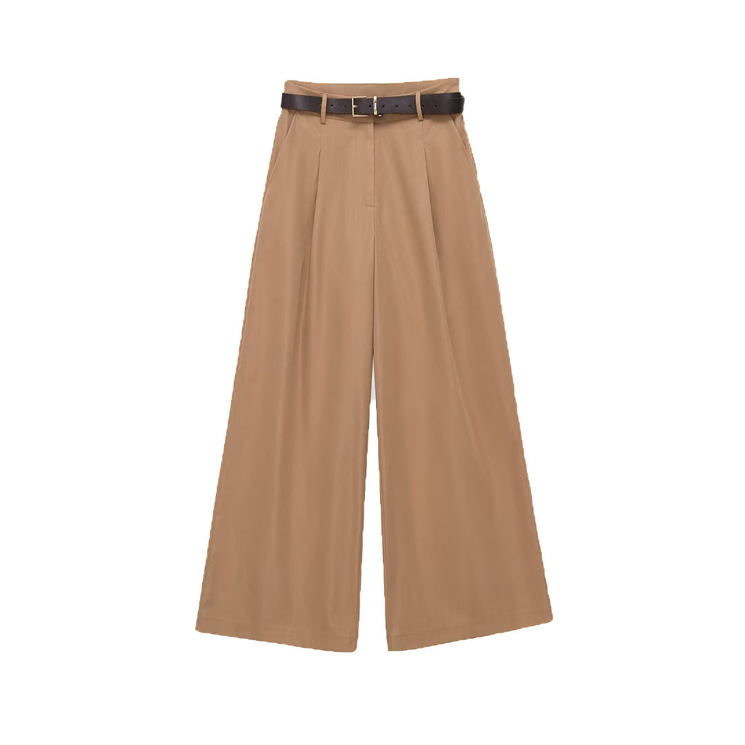 Damen Culotte-inspirierte High-Waist Palazzo-Hose mit Bügelfalte und Taillengürtel Drune