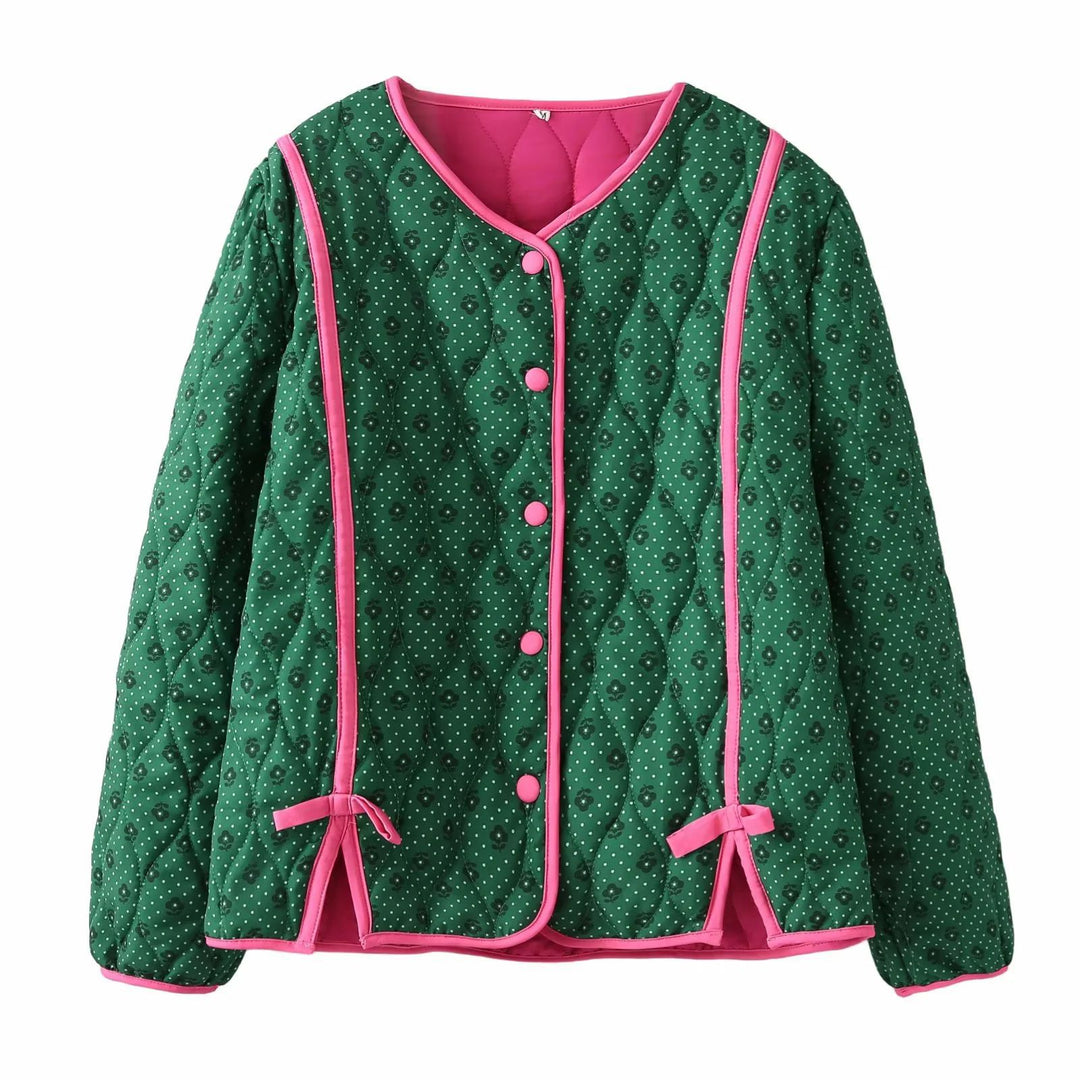 Damen nan gesteppte Kurzjacke mit V‑Ausschnitt, Kontrastpaspel und Schleifen-Detail Drune