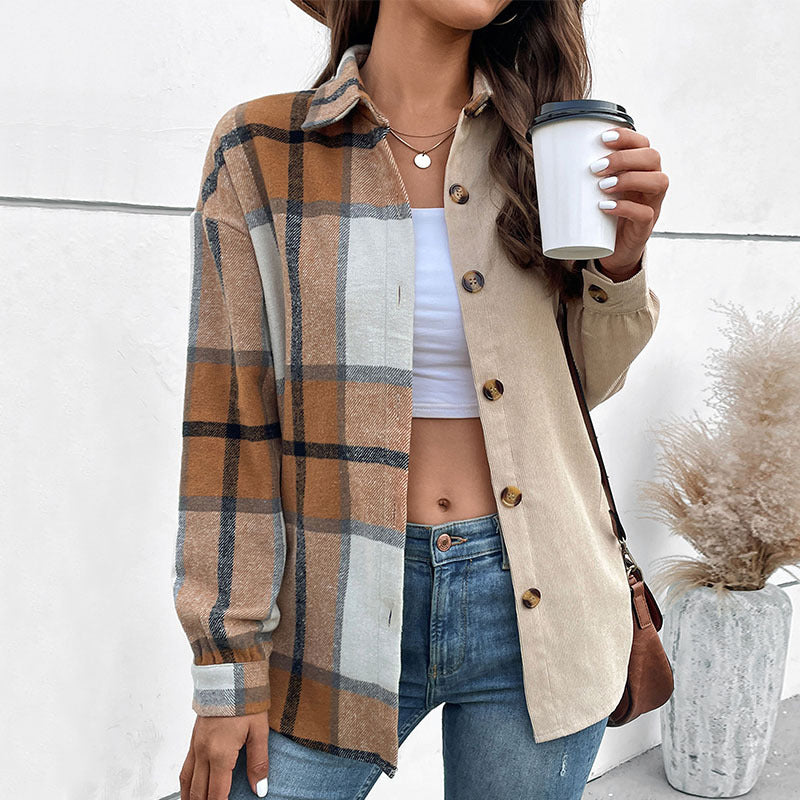 Damen Oversize‑Hemdjacke mit zweigeteilter Karo‑ und Uni‑Optik und Knopfleiste Drune