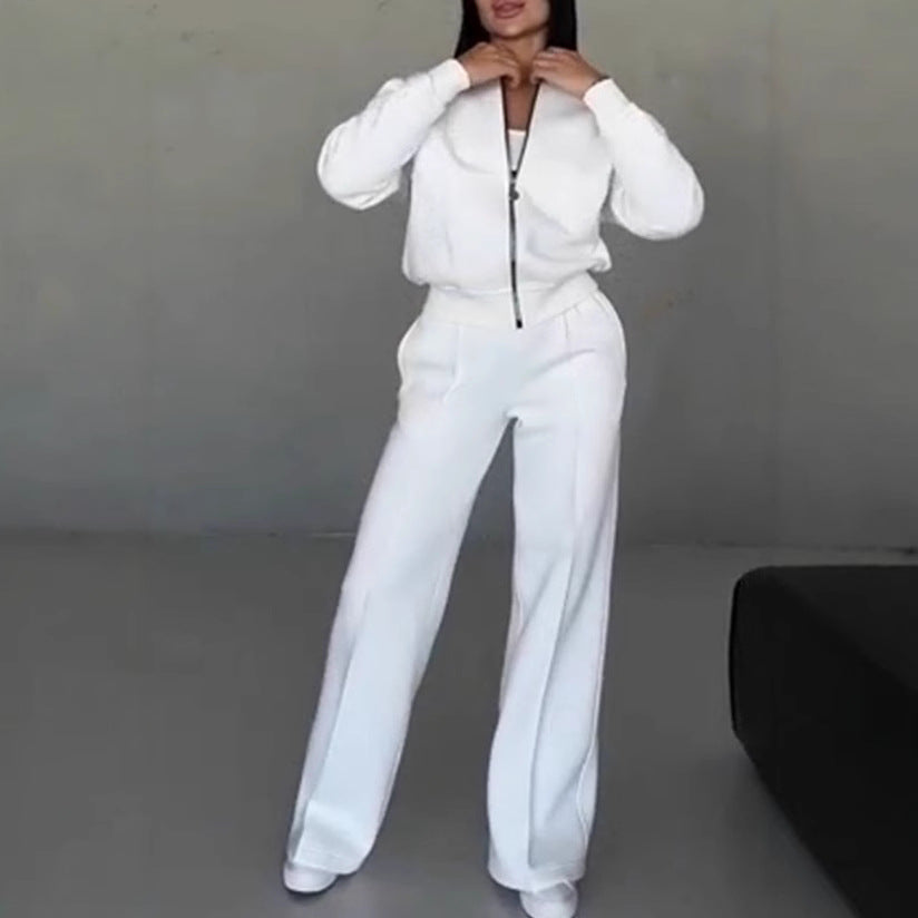Damen nan kurz geschnittenes Blouson mit Reißverschluss und weiter High-Waist Jogginghose Set Drune