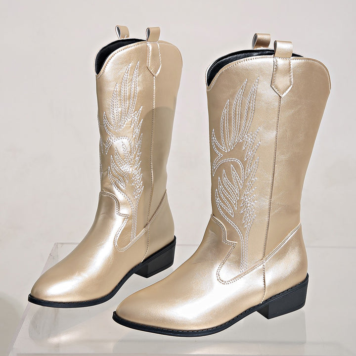 Damen Cowgirl-Kniehoher Stiefel mit dekorativer Stickerei, Pull‑Tabs und komfortablem Blockabsatz Drune