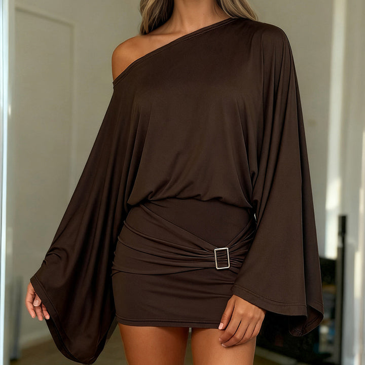 Damen Asymmetrisches Drapiertes One-Shoulder-Top mit Wasserfallärmeln und Taillengürtel Drune