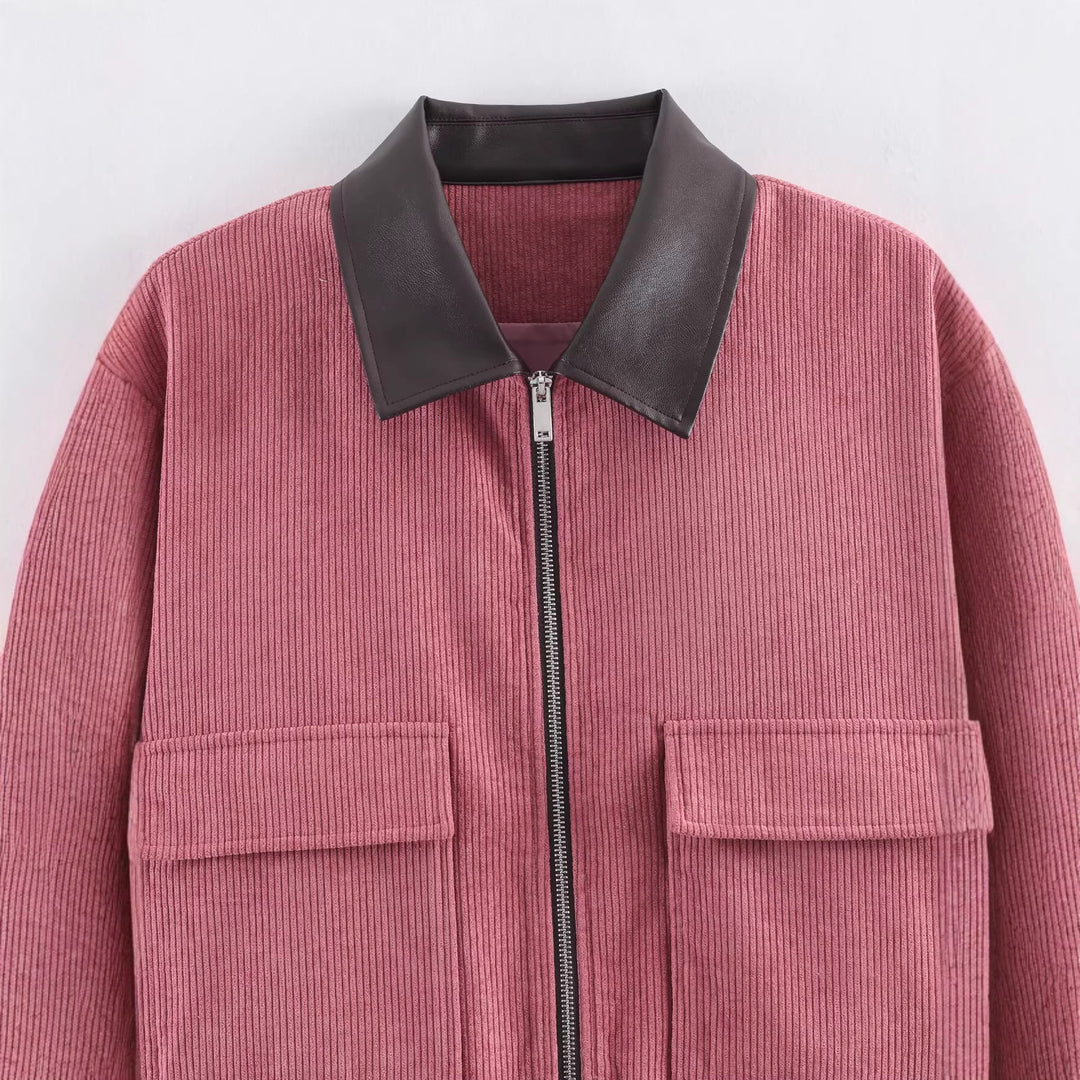 Damen Cropped-Kord-Strickjacke mit markanter Rippenstruktur, Kunstleder-Umlegekragen und Pattentaschen Drune