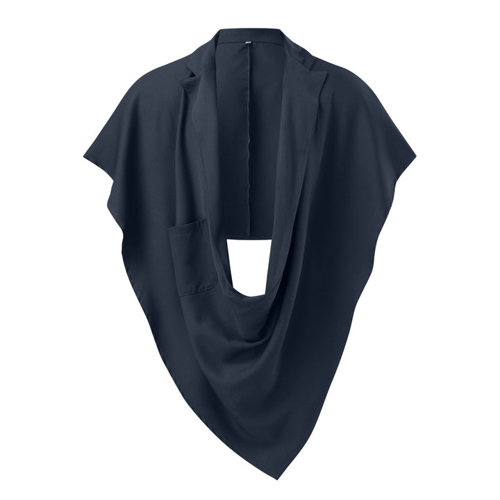 Damen nan Cape-Blazer mit Schalkragen offener Front aufgesetzter Tasche und spitz zulaufendem Zipfelsaum Drune