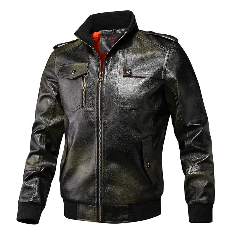 Herren Kunstleder-Flightjacke mit Brust- und Reißverschlusstaschen, Stehkragen und Rippbündchen Drune