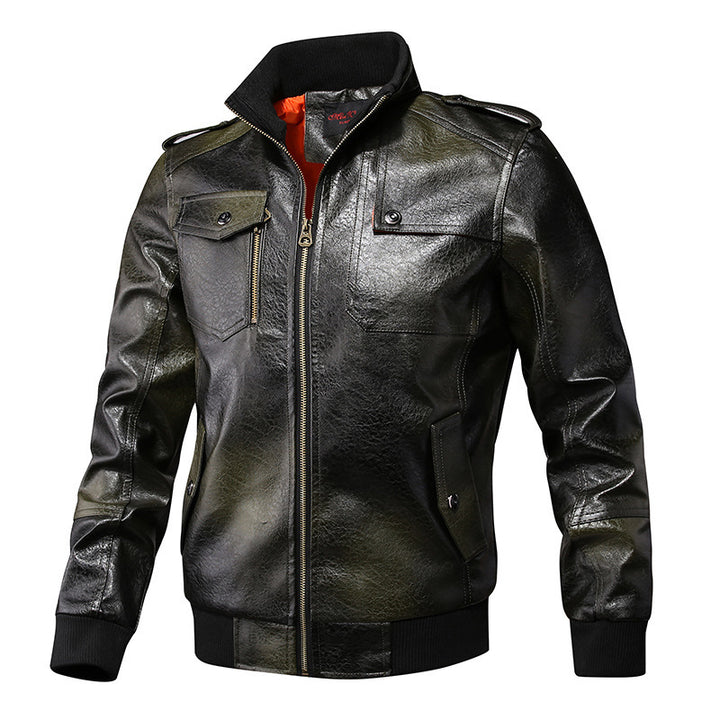 Herren Kunstleder-Flightjacke mit Brust- und Reißverschlusstaschen, Stehkragen und Rippbündchen Drune