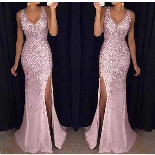 Damen Glamouröses Abendkleid mit glitzernden Pailletten und tiefem Schlitz Drune