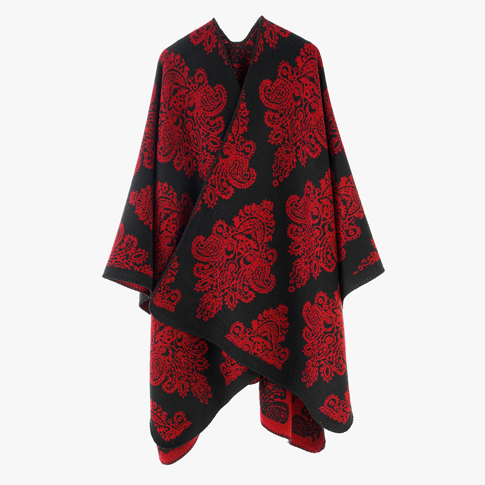 Damen Wollmix-Capeponcho mit beidseitigem Jacquard‑Paisley und kontrastierter Rollkante Drune
