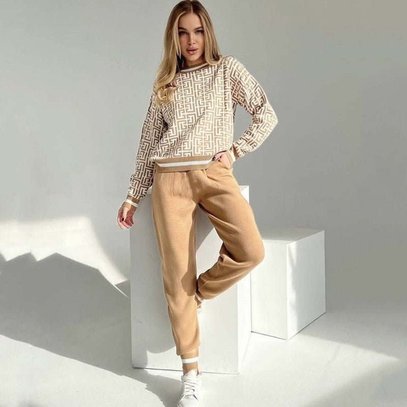 Damen modisches Strick-Loungewear-Set mit grafischem Muster Drune