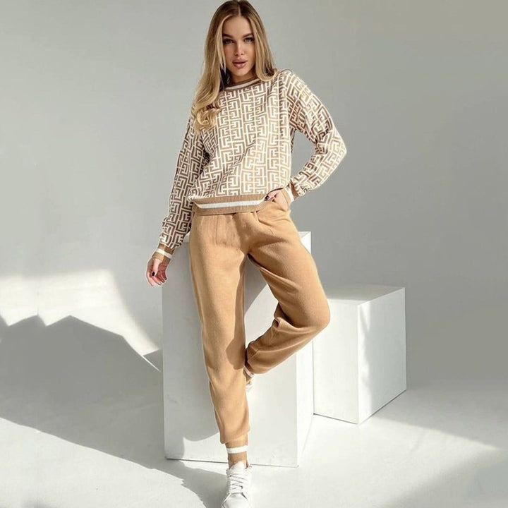 Damen modisches Strick-Loungewear-Set mit grafischem Muster Drune