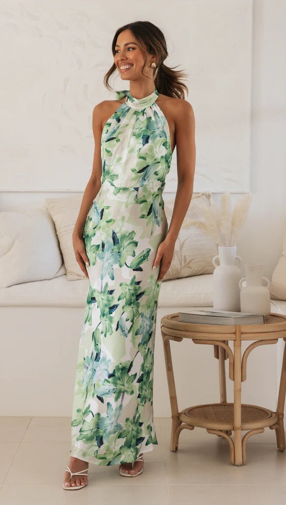Damen Maxikleid mit hochgeschlossenem Halterneck-Design und floralem Muster Drune