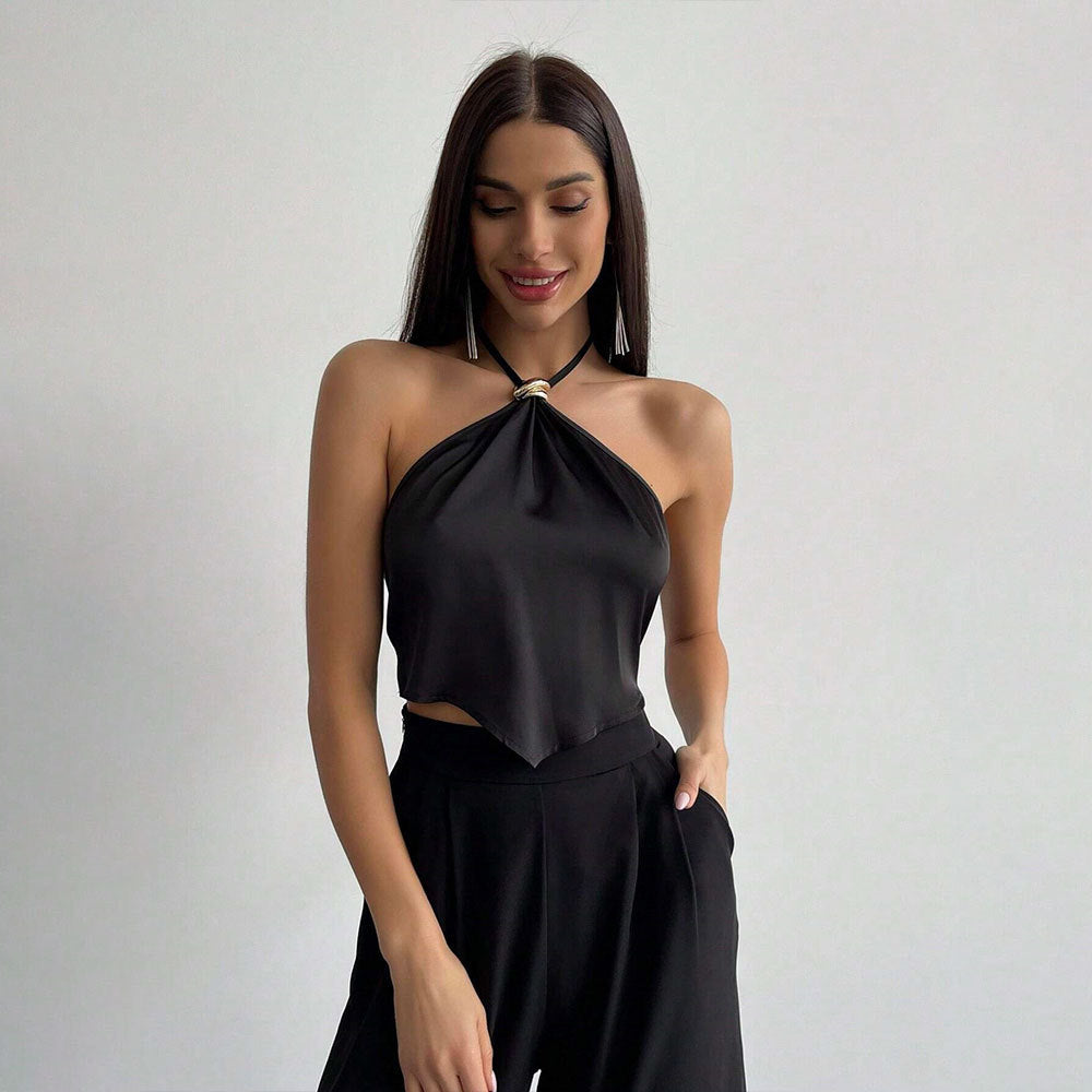 Damen elegantes Haltertop mit glänzendem Stoff und dekorativem Knoten Drune