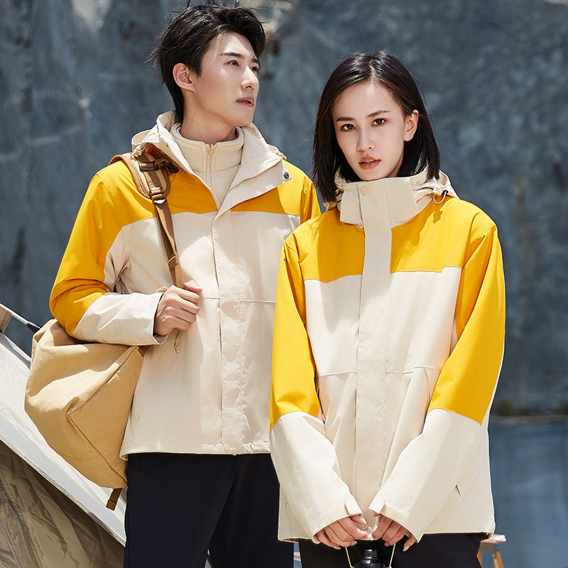 Unisex zweilagige wasserabweisende Outdoorjacke mit Kapuze und Colorblock-Design Drune