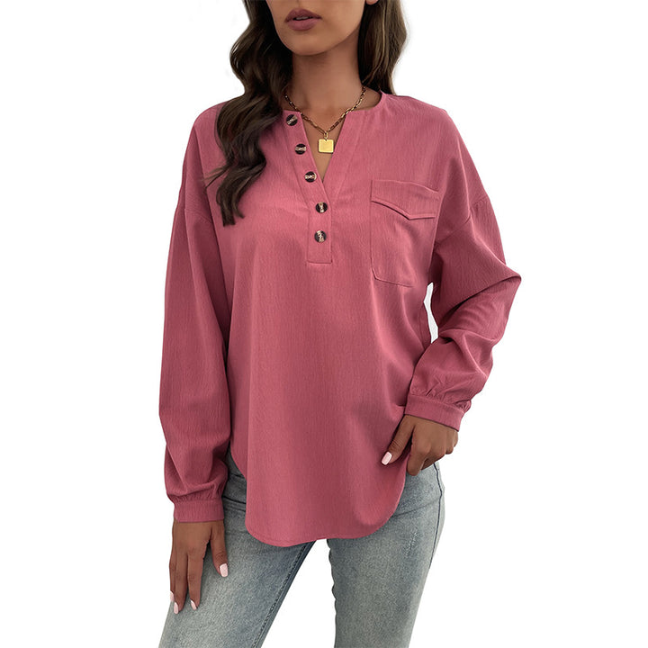 Damen Texturiertes Henley-Blusenshirt mit Knopfleiste und Brusttasche Drune