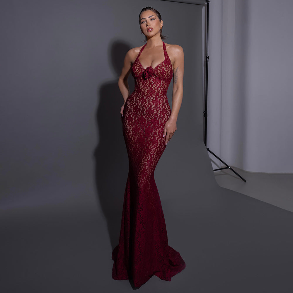 Damen Elegantes Spitzenkleid mit Langärmeln und Blumenapplikationen Drune