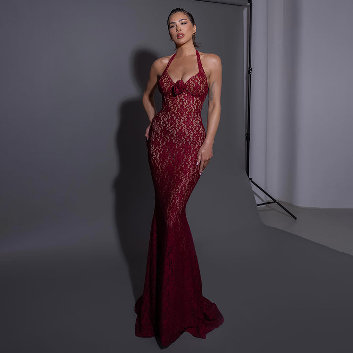 Damen Elegantes Spitzenkleid mit Langärmeln und Blumenapplikationen Drune