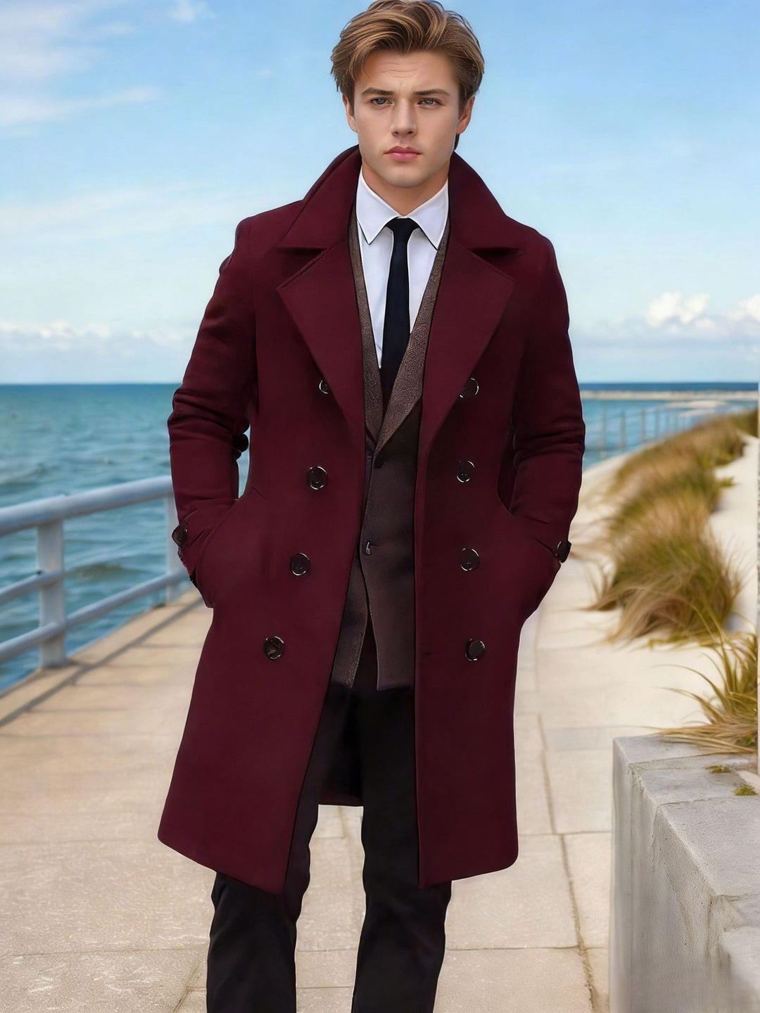 Herren Eleganter einreihiger Langmantel aus Wollmix mit schmaler Silhouette und Reverskragen Drune