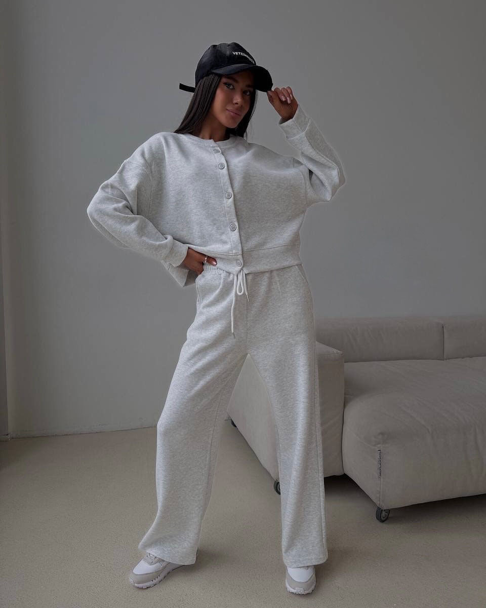 Damen geknöpftes Cropped-Lounge-Set mit Oversize-Cardigan und hochtaillierter Wide-Leg Jogginghose Drune