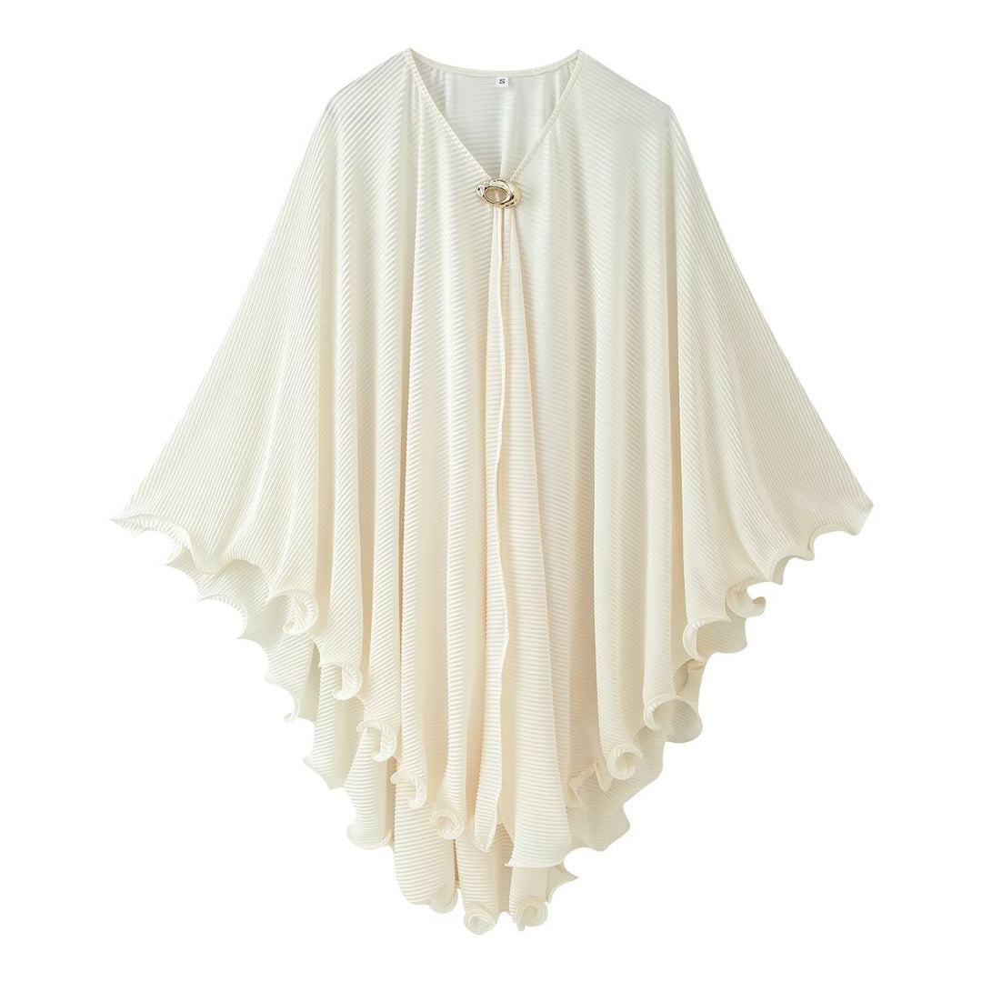Damen Plissierter Cape‑Poncho mit V‑Ausschnitt und Schmuckverschluss Drune