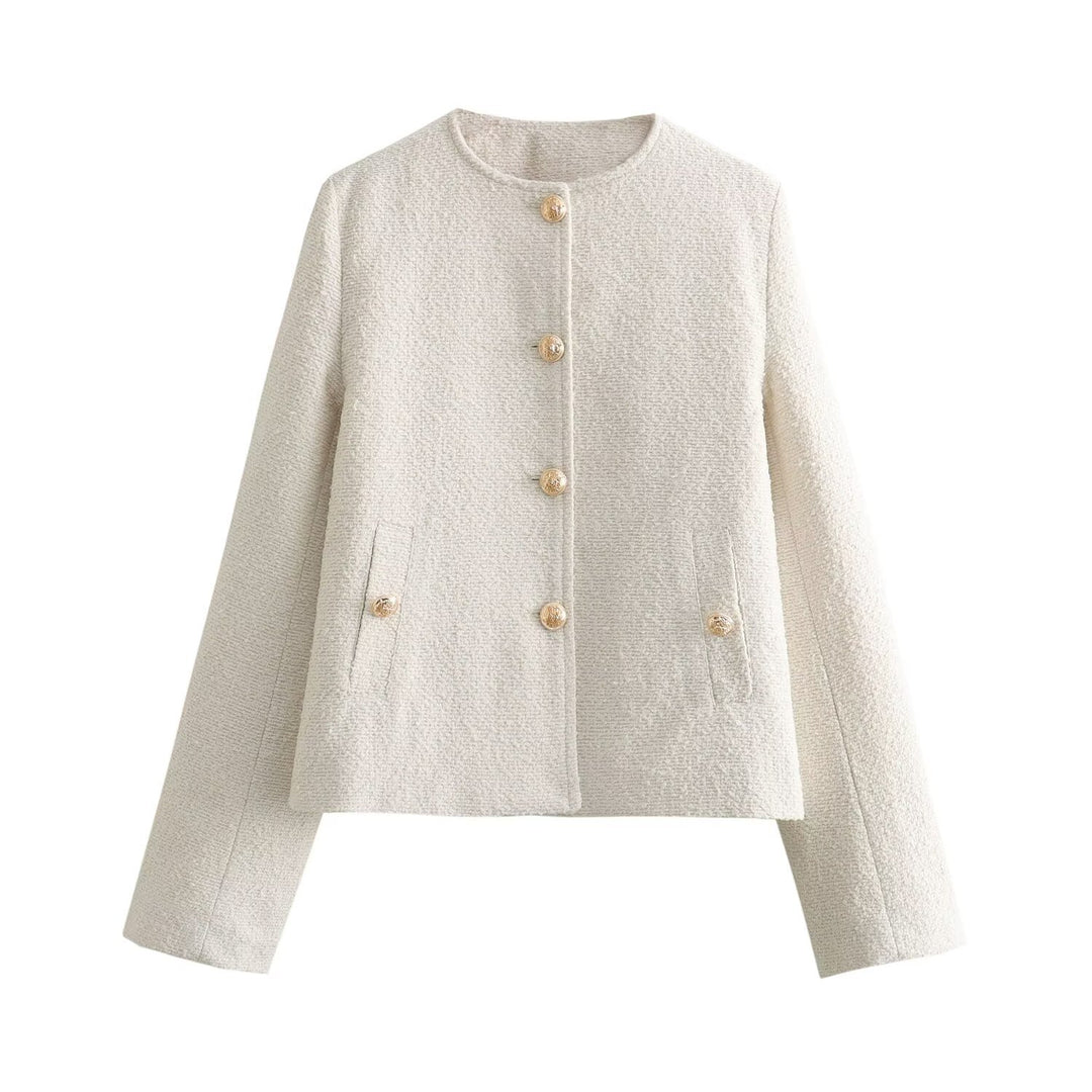 Damen Boxy-Boucléjacke mit Rundhalsausschnitt, Zierknopfleiste und Pattentaschen Drune
