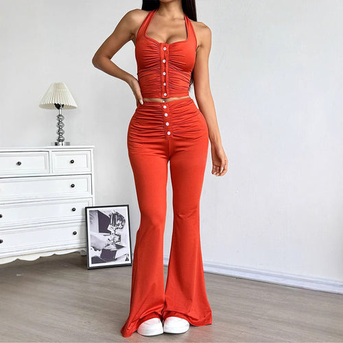 Damen Set aus gekräuseltem Top und flared Hose Drune