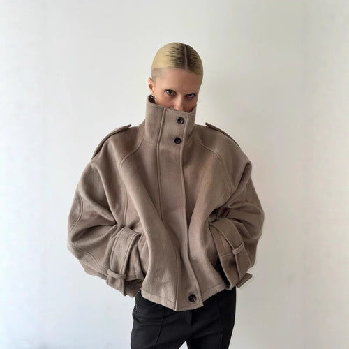 Damen modische Wolljacke mit hohem Kragen und Knopfdetails Drune
