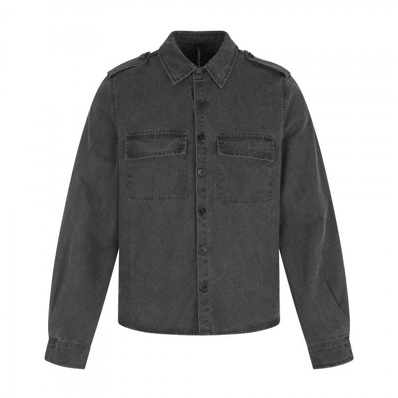 Damen Kastenförmige Overshirt-Jacke aus Denim mit Schulterklappen und aufgesetzten Brusttaschen Drune