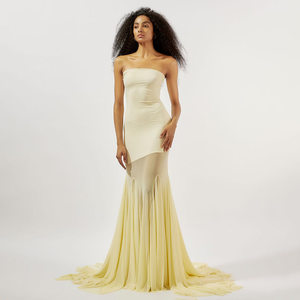 Damen Elegantes schulterfreies Maxikleid mit schimmerndem Stoff und voluminösem Rock Drune
