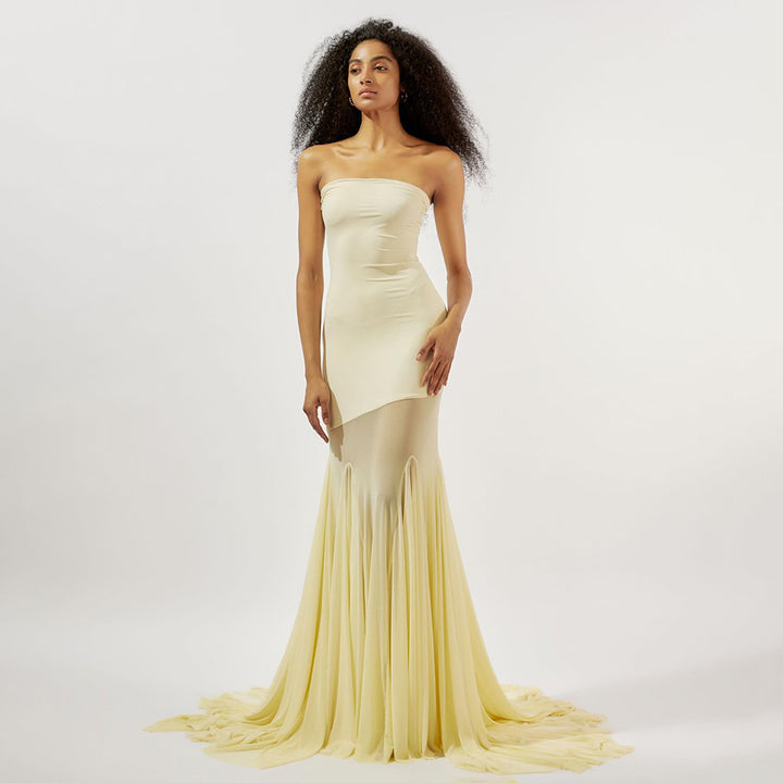 Damen Elegantes schulterfreies Maxikleid mit schimmerndem Stoff und voluminösem Rock Drune