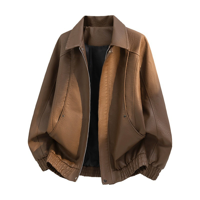 Herren oversized Kunstleder-Fieldjacke mit verdecktem Reißverschluss, elastischem Saum und aufgesetzten Taschen Drune