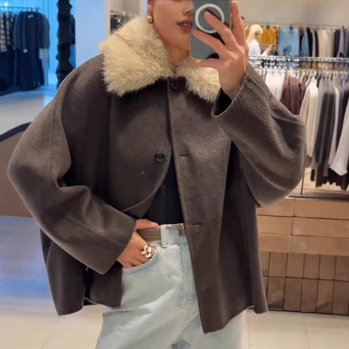 Damen Boxy-Cropped Wollmix-Jacke mit weichem Kunstpelz‑Schalkragen Drune