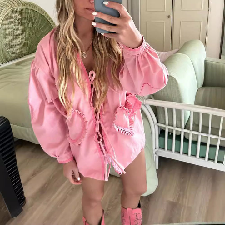 Damen Langärmlige V‑Ausschnitt Bluse mit Bindebändern und Herz‑Rüschentaschen Drune