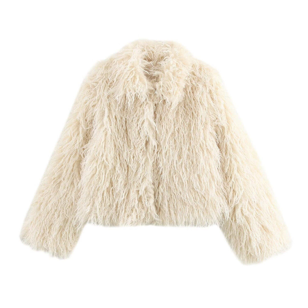 Damen Kurz geschnittene Shaggy-Faux-Fur-Jacke mit voluminösem Schalkragen Drune