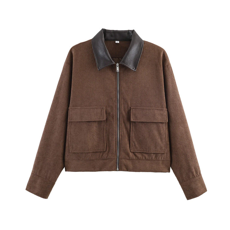 Damen nan Kordjacke mit Lederkragen, durchgehendem Reißverschluss und aufgesetzten Klappentaschen Drune
