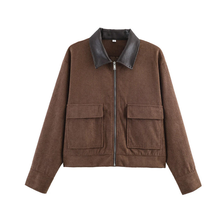 Damen nan Kordjacke mit Lederkragen, durchgehendem Reißverschluss und aufgesetzten Klappentaschen Drune
