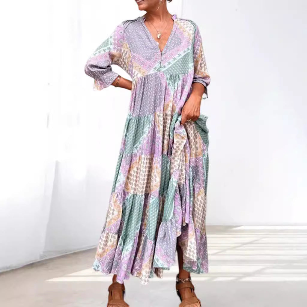 Damen nan Patchwork-Stufenmaxikleid mit V-Ausschnitt, teilweiser Knopfleiste, geraffter Passe und seitlichen Eingrifftaschen Drune
