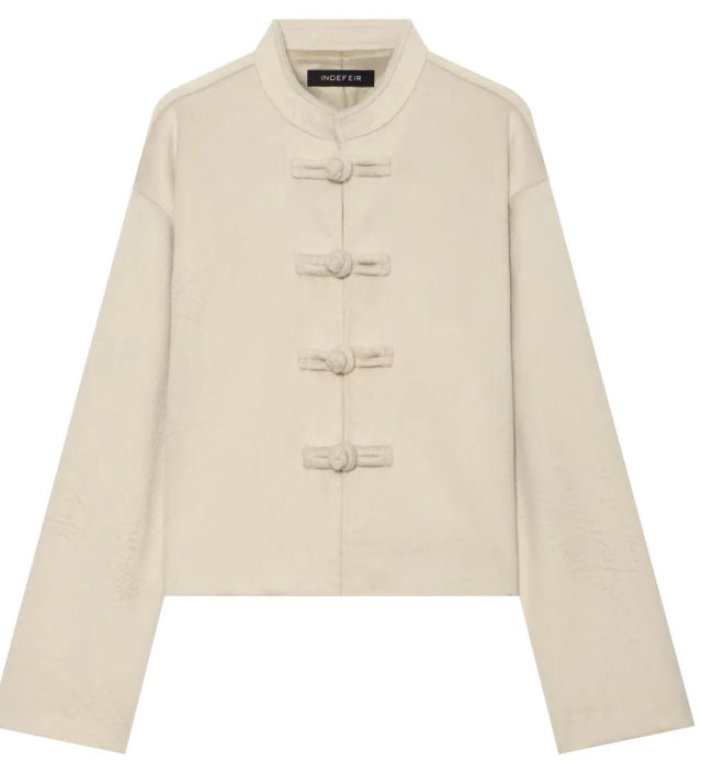 Damen Cropped Jacke im Mandarin‑Stil mit Knebelverschlüssen und kastiger Silhouette Drune