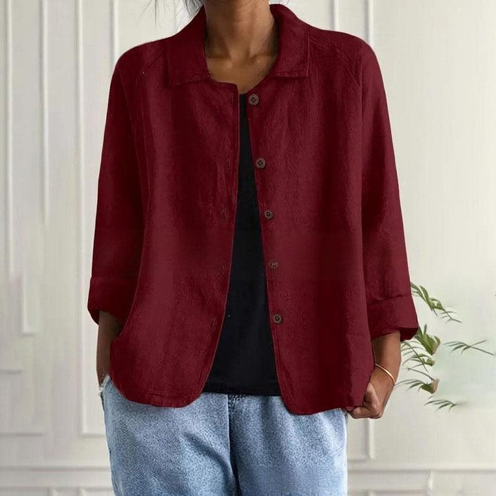 Damen Oversized Leinen-Hemdjacke mit Hemdkragen, 3/4-Ärmeln und durchgehender Knopfleiste Drune