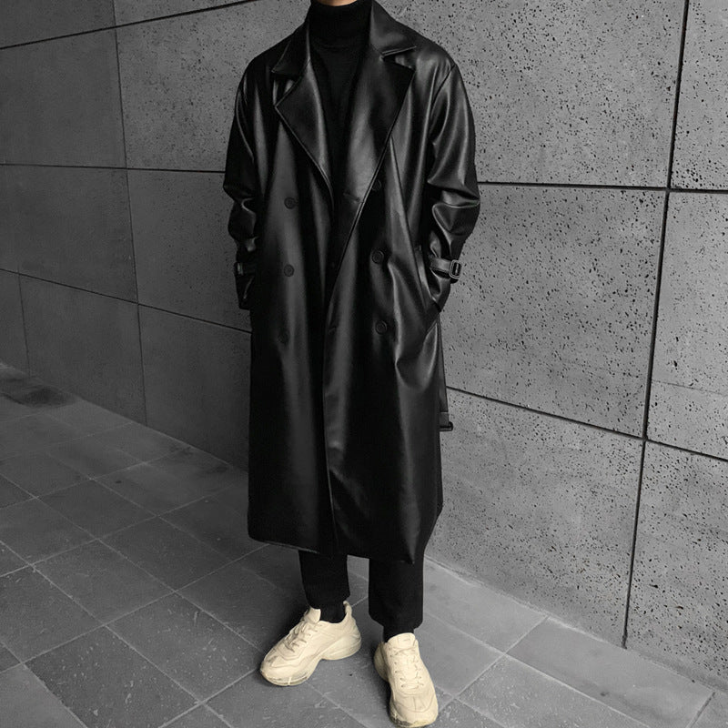 Herren modischer Longtrenchcoat aus hochwertigem Kunstleder mit elegantem Schnitt Drune