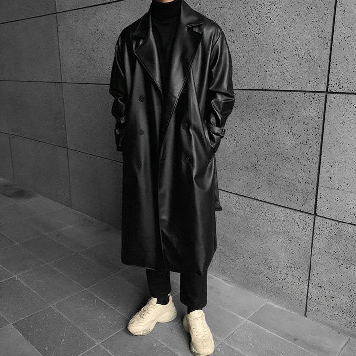Herren modischer Longtrenchcoat aus hochwertigem Kunstleder mit elegantem Schnitt Drune
